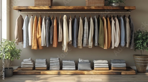 Wallpaper Mural A rustic wooden closet with clothes hanging on hangers and folded clothing on the shelf below. Torontodigital.ca