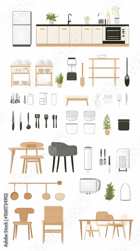 Kitchenware, furniture, and decor items in flat style.