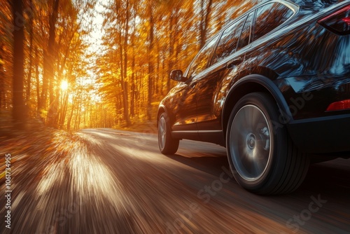 Black suv car driving on scenic road through autumn forest at sunset