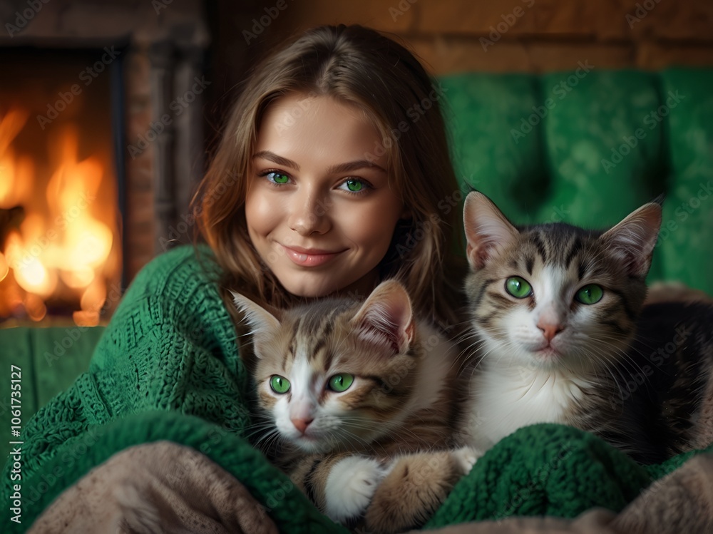 Young woman with beloved pets, smiling warmly, sitting by the fireplace, cozy living room Young woman with beloved pets, smiling warmly, sitting by the fireplace, cozy living room