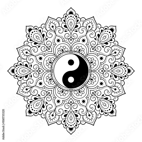 Circular pattern in form of mandala for Henna, Mehndi, tattoo, decoration. Decorative ornament in ethnic oriental style with Yin-yang hand drawn symbol. Outline doodle vector illustration.