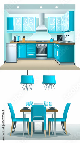 Modern turquoise kitchen and dining room interior design with sleek appliances, wooden table, and pendant lights.