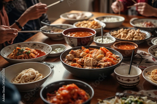 people sitting at the table with traditional korean food. new year's eve celebration