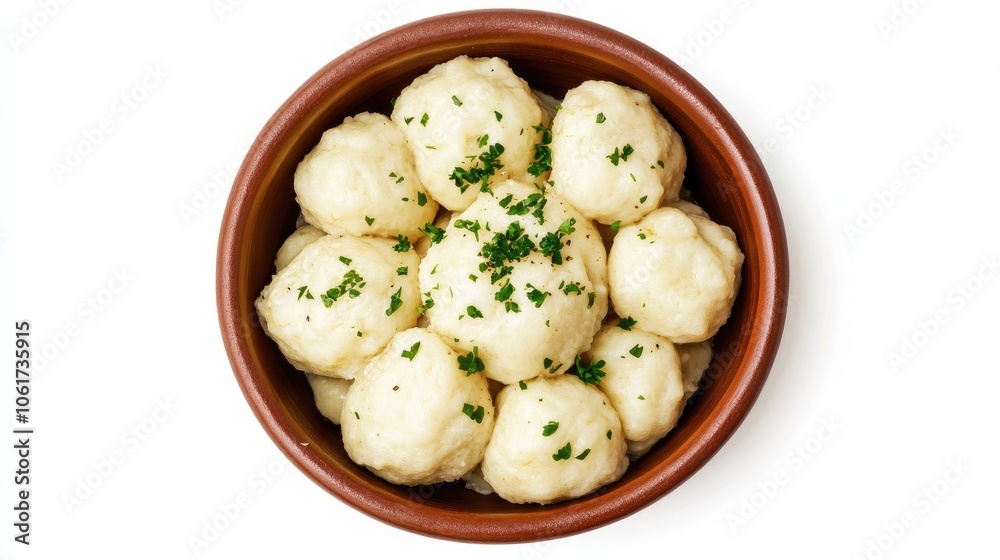 Overhead View of Brown Bowl Filled with Dumplings Overhead View of Brown Bowl Filled with Dumplings