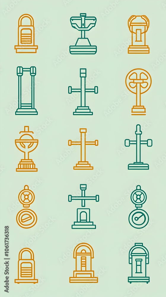 Set of 15 outlined icons depicting street furniture, including lampposts, bollards, and other urban elements.