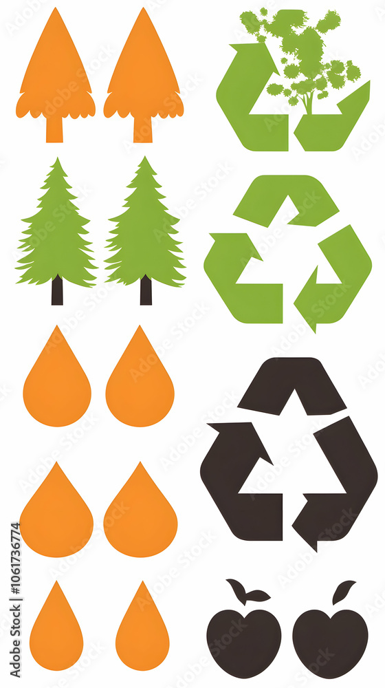 Set of green tree, recycle symbol, water drop, and apple icons. Set of green tree, recycle symbol, water drop, and apple icons.