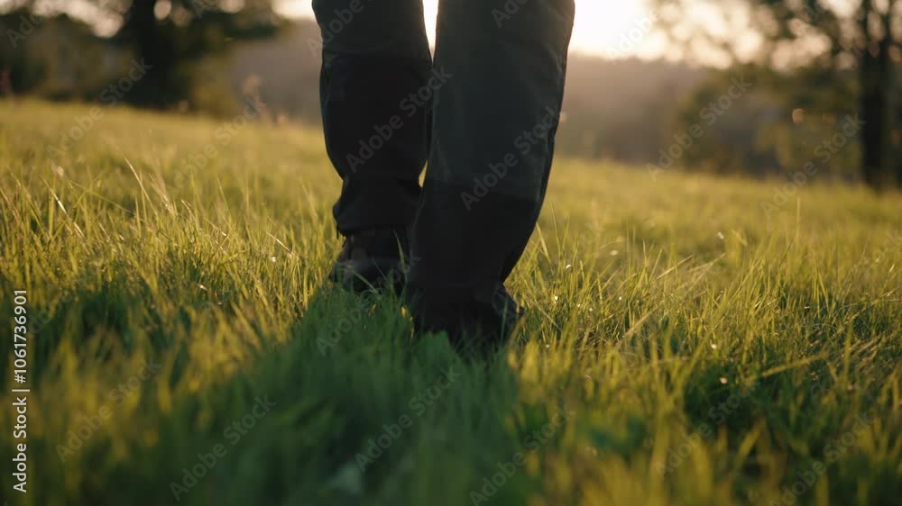 Rear back view steady shot male feet stepping on grassy meadow hill overlooking mountains in sunrise or sunset light. Man wearing hiking boots walks on clover grass. Male hiker explorer, sunny morning Rear back view steady shot male feet stepping on grassy meadow hill overlooking mountains in sunrise or sunset light. Man wearing hiking boots walks on clover grass. Male hiker explorer, sunny morning