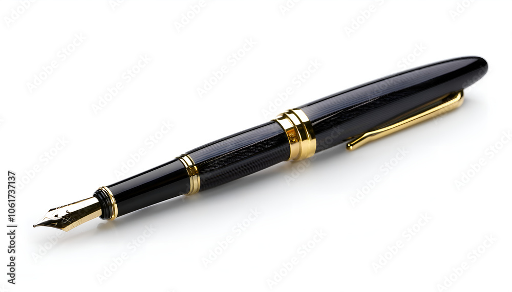 An elegant black fountain pen with gold accents, showcasing luxury and sophistication, isolated on a clean white background. Perfect for themes of professionalism and fine writing instruments. An elegant black fountain pen with gold accents, showcasing luxury and sophistication, isolated on a clean white background. Perfect for themes of professionalism and fine writing instruments.
