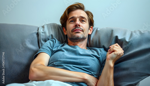 Patient with an absent-minded look lying on the couch isolated with white highlights, png
