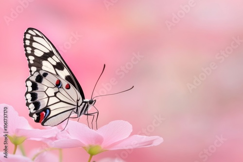 Butterfly resting on flower, vibrant pink background