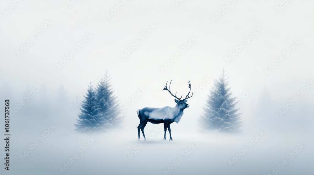 snowy winter landscape with a lone reindeer standing among pine trees, conveying the peacefulness of the season, isolated on a white background snowy winter landscape with a lone reindeer standing among pine trees, conveying the peacefulness of the season, isolated on a white background