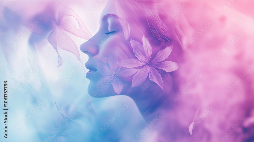 Fototapeta premium Sinnliche junge Frau mit natürlichem Make-up vor verschwommenem Blumenhintergrund, verträumter Blick, romantische Atmosphäre