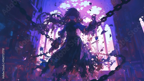 An evil and beautiful witch is imprisoned in chains in an ancient temple, with incredible magical powers, colorful anime style