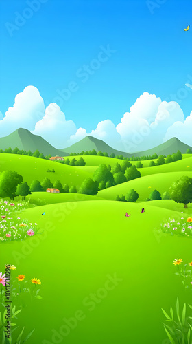 A picturesque view of a lush green meadow, rolling hills, and a blue sky with fluffy clouds.