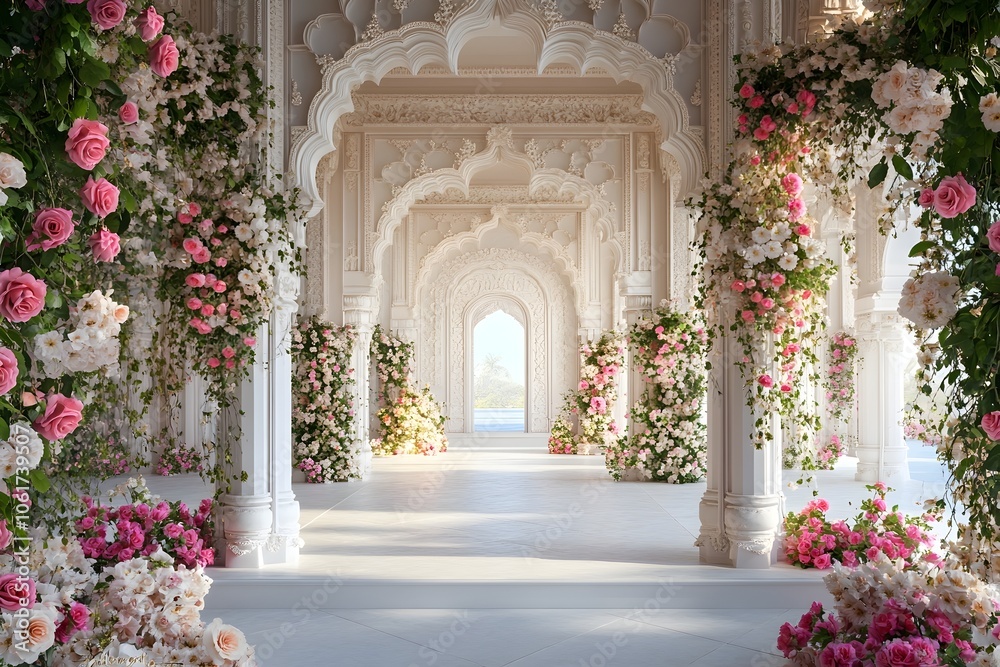 A grand white archway adorned with flowers generative AI A grand white archway adorned with flowers generative AI