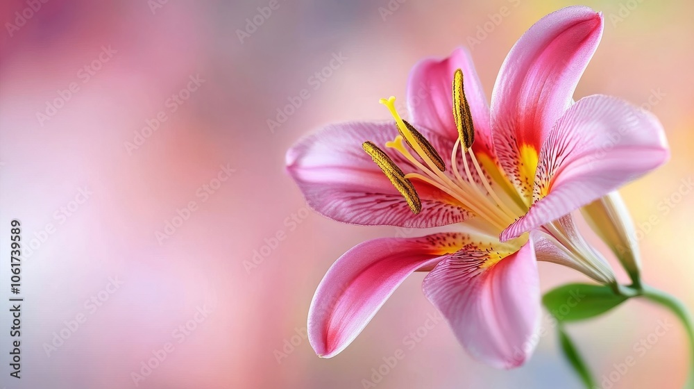 Fototapeta premium Pink lily flower with a soft blurred background, vibrant colors.