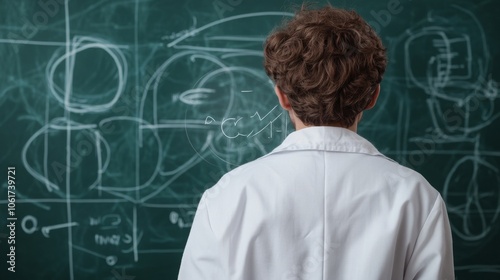 Scientist analyzing complex equations and graphs on a chalkboard.