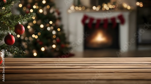 Merry Christmas stone podium mock up background. Winter empty pedestal, front view. Christmas tree with Illumination