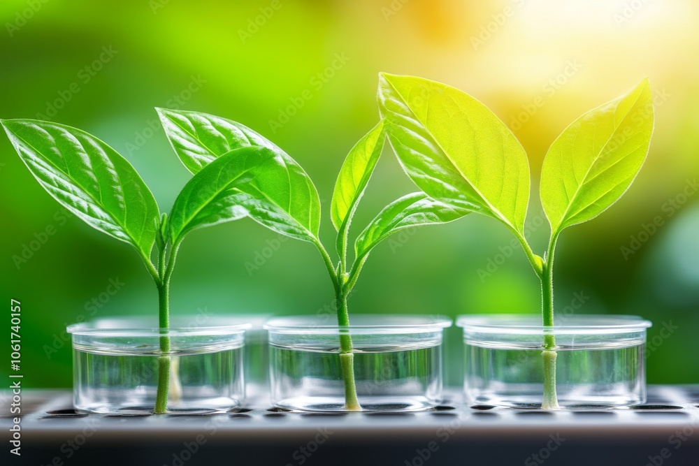 Three green plants in clear containers with sunlight background. Three green plants in clear containers with sunlight background.