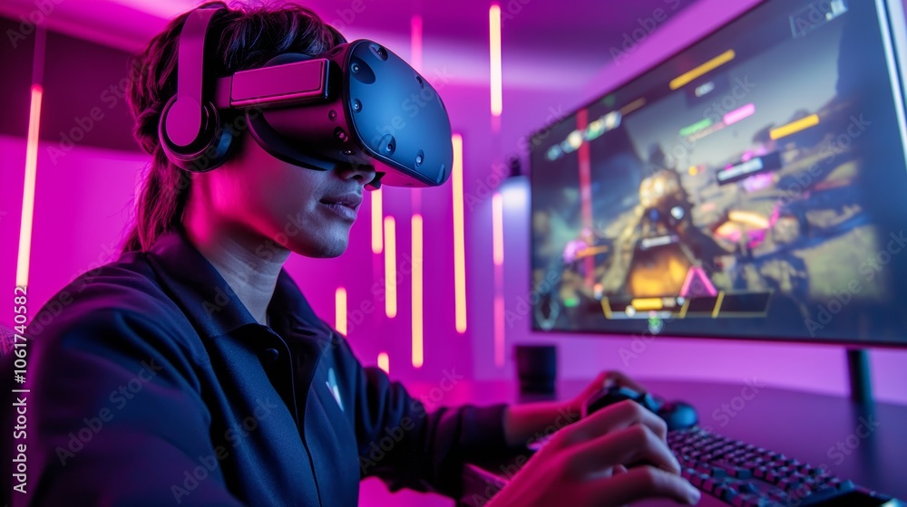 A virtual reality developer tests a new game in a neon-lit room with immersive VR gear, showcasing the future of gaming. A virtual reality developer tests a new game in a neon-lit room with immersive VR gear, showcasing the future of gaming.