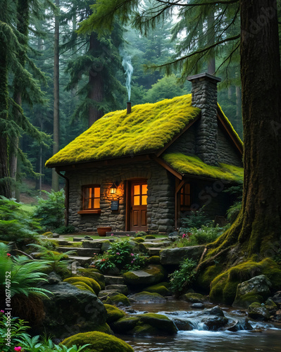 A charming stone cabin with a lush, green moss-covered roof