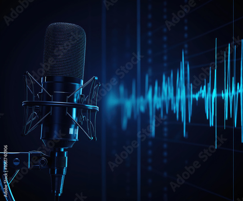 Professional Microphone With Background Banner, Ideal For Podcast Or Recording Studio Environment