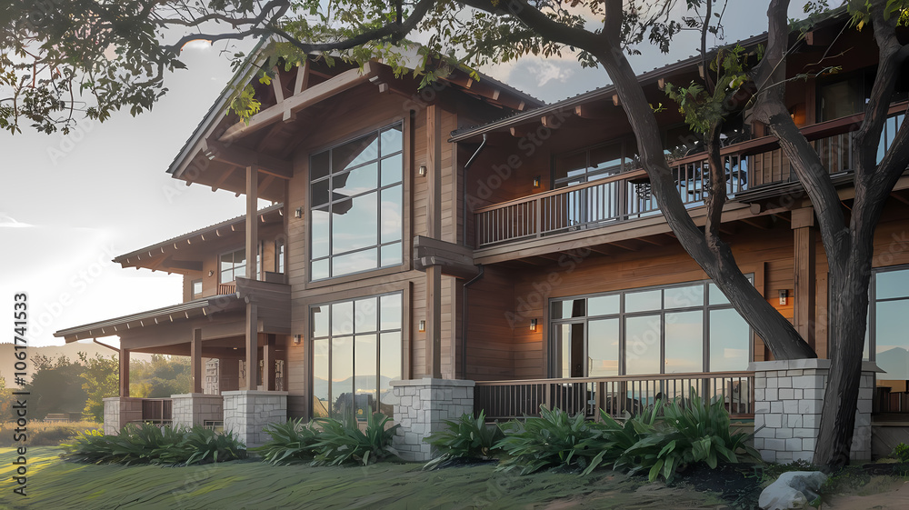 Modern wooden house with large windows, expansive balconies, and lush landscaping, surrounded by trees, set against a serene outdoor backdrop. Modern wooden house with large windows, expansive balconies, and lush landscaping, surrounded by trees, set against a serene outdoor backdrop.