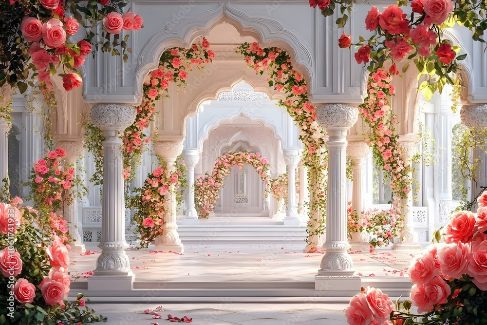 A grand white archway adorned with flowers generative AI A grand white archway adorned with flowers generative AI