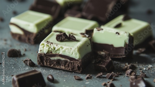 A detailed close up of a delicious piece of mint chocolate on a wooden table