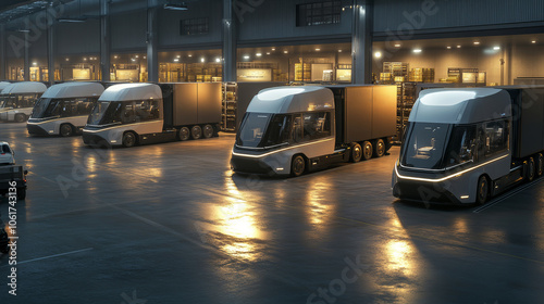 Fleet of electric freight trucks parked at a modern distribution center, illuminated by cool industrial lighting, creating a clean, futuristic scene. photo