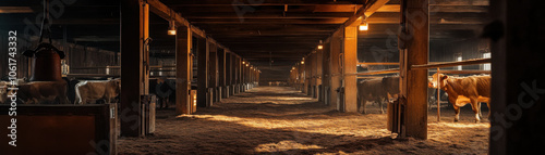 Cows in automated feeding barn with appetitive lighting create warm atmosphere. spacious interior showcases animals in serene environment photo