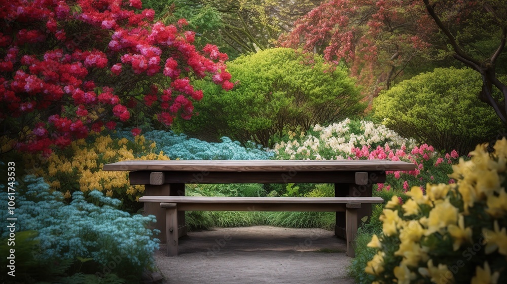 Colorful Garden Scene with Wooden Table in Spring Colorful Garden Scene with Wooden Table in Spring