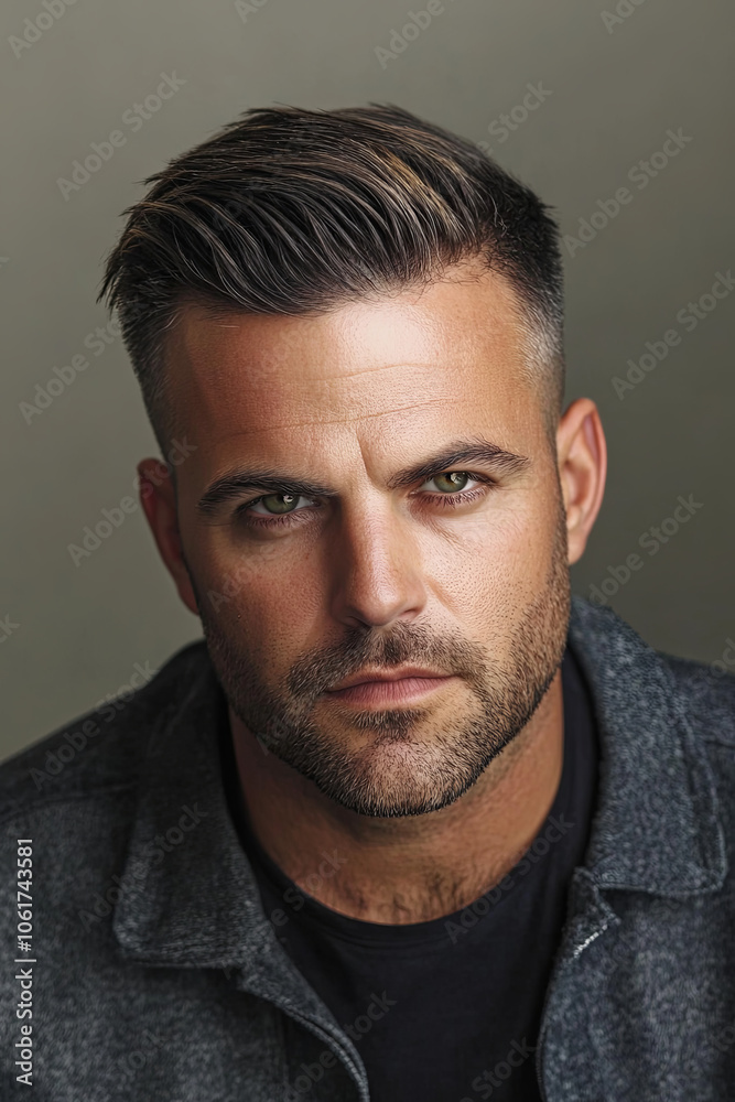 Man with a stylish haircut, looking confidently into the camera Man with a stylish haircut, looking confidently into the camera