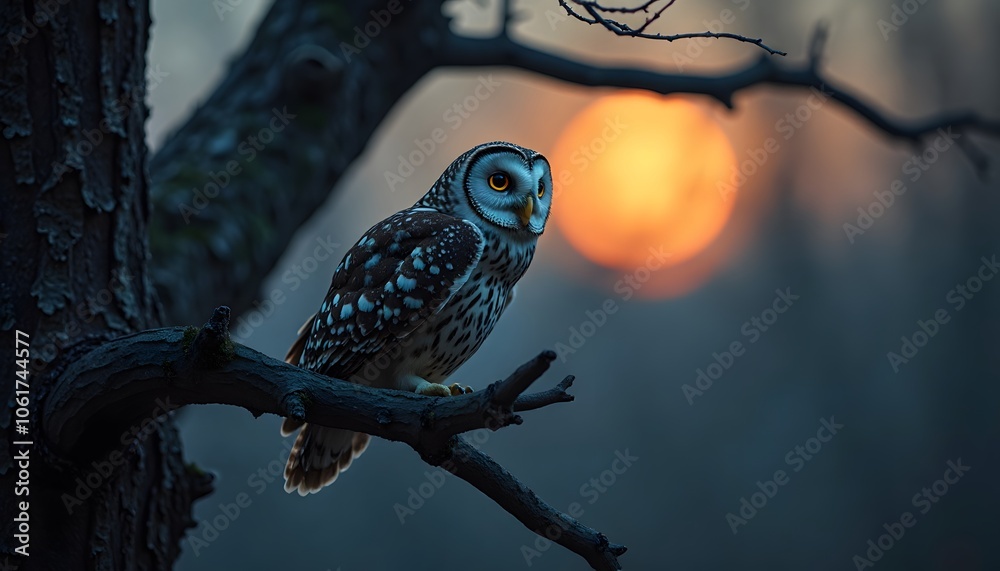 Majestic Owl Perched on Branch at Dusk in Forest Majestic Owl Perched on Branch at Dusk in Forest