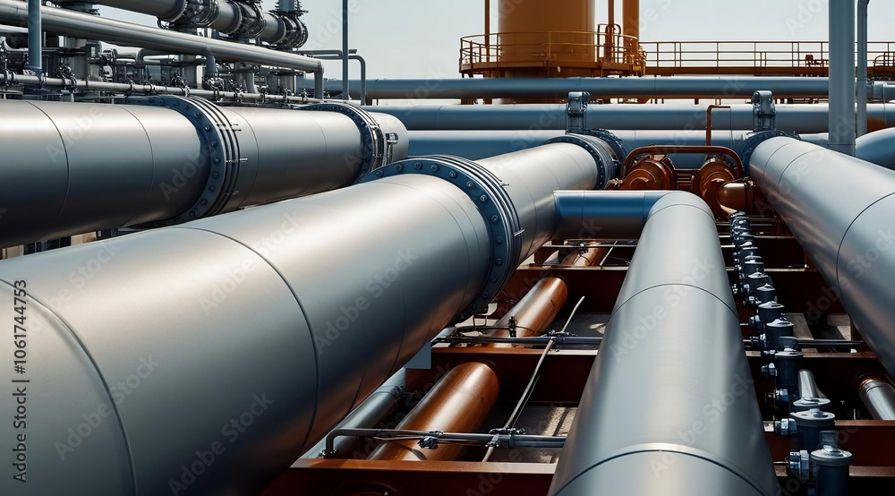A close-up view of industrial pipes and fittings, showcasing a complex network typically found in oil or gas facilities. A close-up view of industrial pipes and fittings, showcasing a complex network typically found in oil or gas facilities.