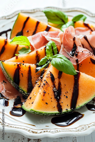 Melon cantaloupe slices with prosciutto ham, balsamic vinegar sauce, and basil on a plate on white background. Italian appetizer. Close up. Healthy food