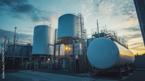 High-tech hydrogen energy facility with large storage tanks under soft morning light, showcasing a clean, advanced atmosphere enhanced by natural lighting.