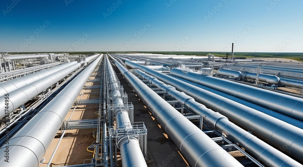 A sprawling network of metallic pipes stretches across the landscape under a clear blue sky, showcasing industrial infrastructure. A sprawling network of metallic pipes stretches across the landscape under a clear blue sky, showcasing industrial infrastructure.
