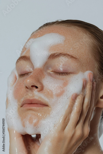 A woman gently washes her face with foam.