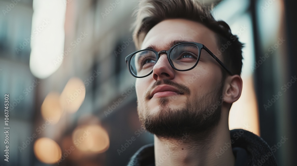 A man wearing glasses and sporting a beard is looking up into the sky A man wearing glasses and sporting a beard is looking up into the sky