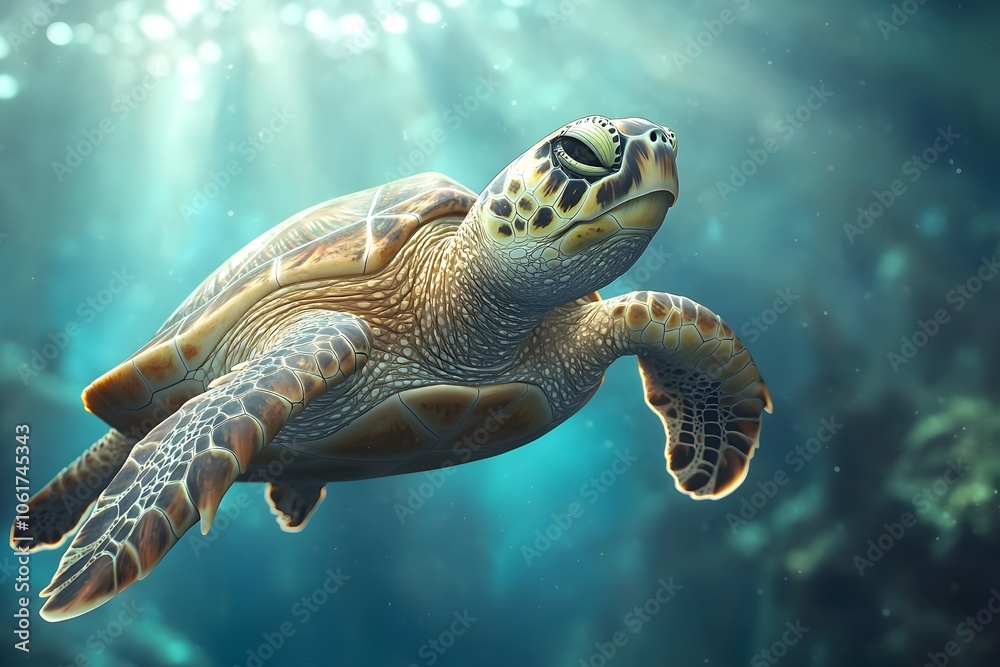 Fototapeta premium Serene Turtle Gliding Through Clear Blue Waters