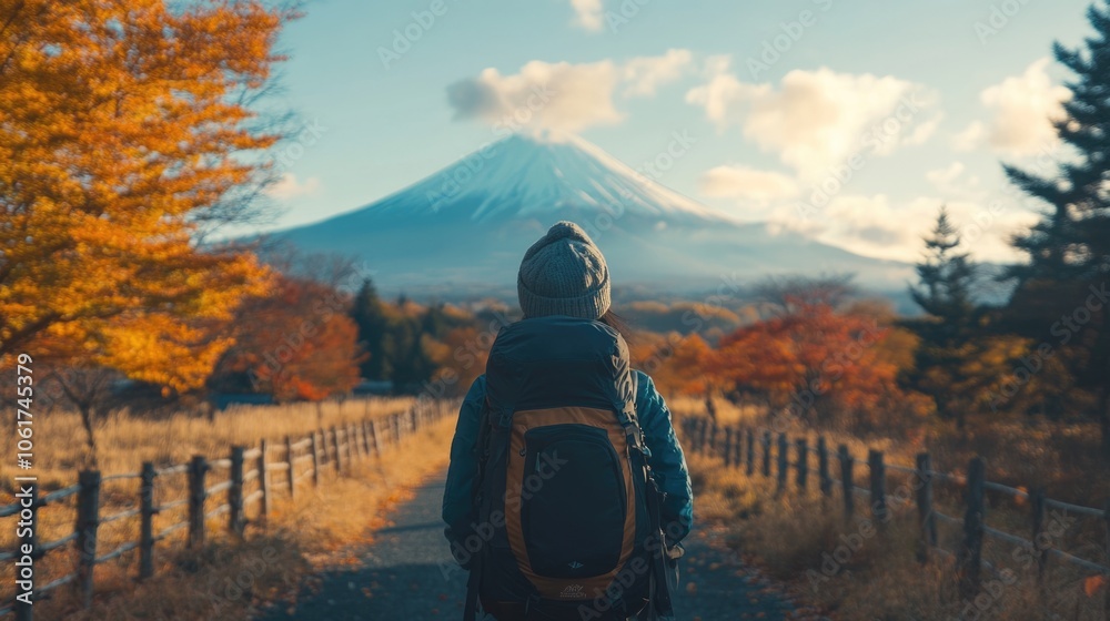 Fototapeta premium backside backpacker walking on the countryside road to Fuji mountain, Japan. 