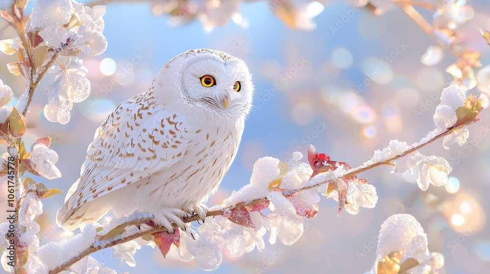 White Owl Perched on Frosty Branch in Winter Scene White Owl Perched on Frosty Branch in Winter Scene