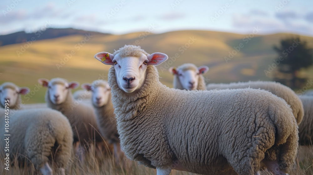 Herd of sheep in evening light on rolling hills, showcasing their woolly coats and serene expressions. landscape creates peaceful rural scene Herd of sheep in evening light on rolling hills, showcasing their woolly coats and serene expressions. landscape creates peaceful rural scene