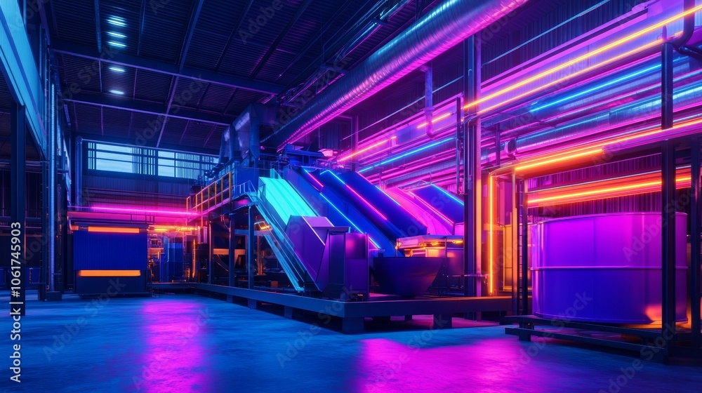 Futuristic recycling center illuminated by vibrant neon lights in a bold industrial space, showcasing dynamic lighting effects. Futuristic recycling center illuminated by vibrant neon lights in a bold industrial space, showcasing dynamic lighting effects.