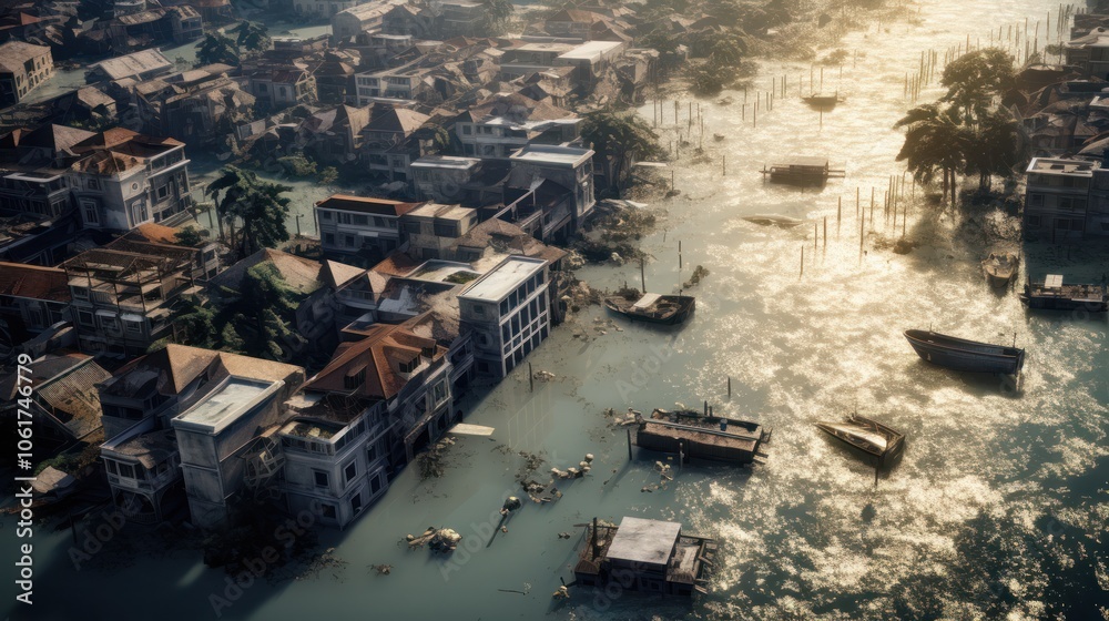 Aerial view of a devastated coastal town after a hurricane, with destroyed buildings, flooded streets, Aerial view of a devastated coastal town after a hurricane, with destroyed buildings, flooded streets,