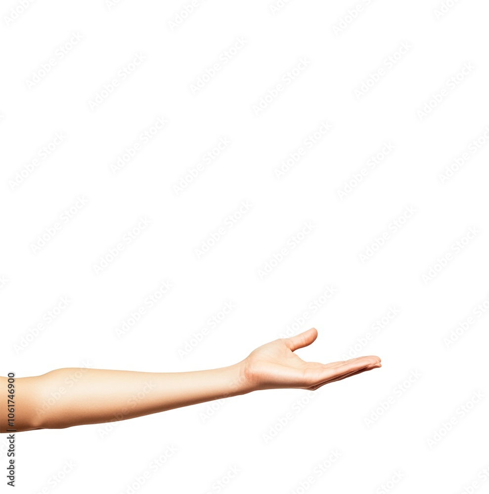 Empty open palm hand gesture offering or presenting on white background Empty open palm hand gesture offering or presenting on white background