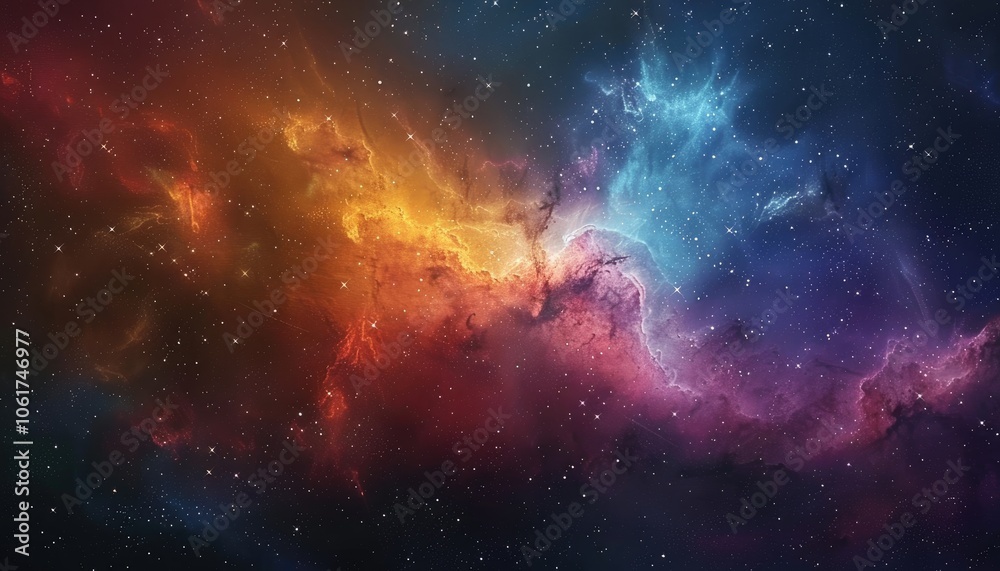 Naklejka premium A Cosmic Nebula with Bright Stars and Glowing Gas Clouds