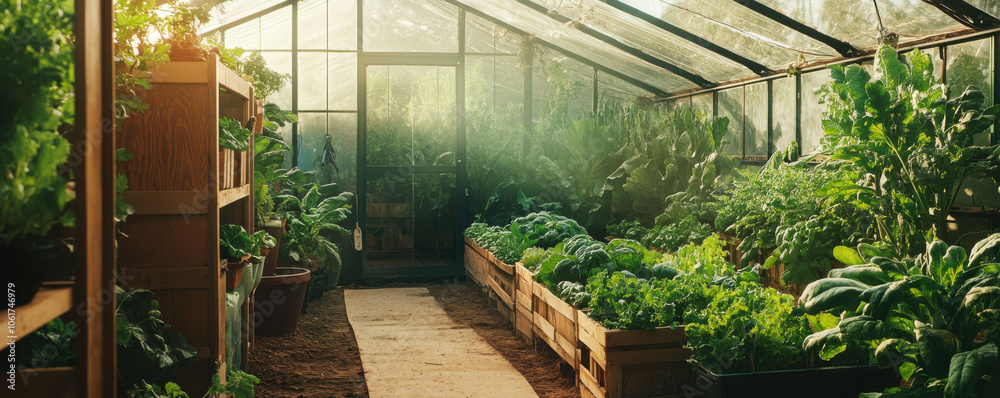 modern greenhouse filled with vibrant rows of fresh vegetables, showcasing lush greenery and serene atmosphere. sunlight filters through glass, enhancing tranquil environment