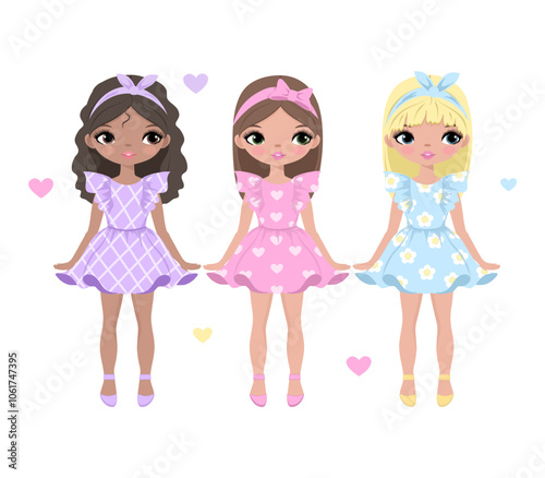 : Cute girls. Cartoon girl. Fashion. Dolls. Set, collection. Vector illustration isolated on white background.Poster, print, t shirt design, typography, greeting card, textile. Child, kids, children